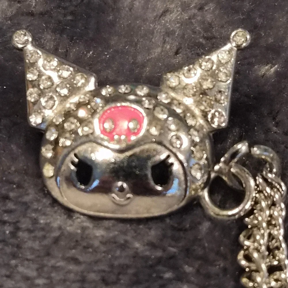 Kuromi Rhinestone Cardigan Clips Silver Tone Sanrio Collar Pins Double Chain